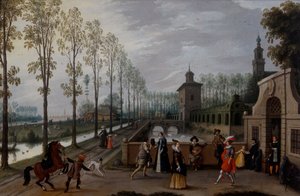 Ett elegant sällskap promenerar utanför ett palats av Sebastian Vrancx
