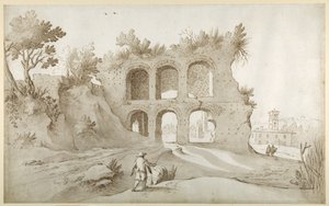 Basilica of Constantine. Entrévägg i fantastisk miljö (penna & bläck med tvätt på papper) av Sebastian Vrancx