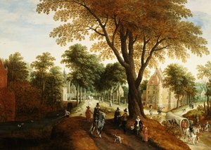 Eleganta ryttare och figurer på en stig framför ett slott av Sebastian Vrancx