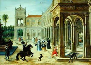 Ryttare och eleganta figurer utanför en palatsgård (olja på panel) av Sebastian Vrancx