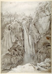 Rocks and falls of the Aniene at Tivoli (penna & brunt bläck med brun tvätt på vitt papper) av Sebastian Vrancx