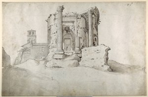 Ruinerna av Temple of the Tiburtine Sibyll at Tivoli (penna & brunt bläck med gråbrun tvätt på vitt papper) av Sebastian Vrancx