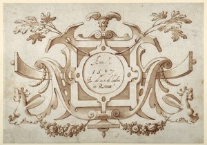 Strapwork cartouche associerad med uppsättningen av hans Roman Views (penna & brunt bläck med brun tvätt på papper) av Sebastian Vrancx
