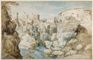 Utsikt över Tivoli med Temple of the Tiburtine Sibyl and the Falls (penna och bläck med brunt och blått tvätt på papper) av Sebastian Vrancx