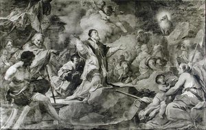 St. Clement som åberopar Guds lamm för att producera vatten från en klippa på Krim (olja på duk) (s/v foto) av Sebastiano Conca