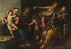 Jungfru och barn med spädbarnet Saint John, Saint Elizabeth och bebådelsen till Joseph, ca 1540 av Sebastiano Florigerio
