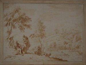 Omfattande pastoralt landskap med Hill-town, ca 1720 (brunt bläck och tvätt) av Sebastiano Ricci
