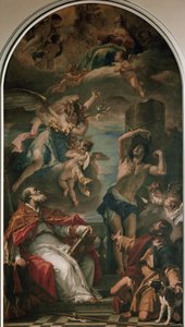 Jungfrun i ära med ärkeängeln Gabriel, St Eusebius, St Sebastian och St Roch (olja på duk av Sebastiano Ricci