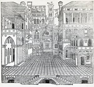 Magisk scen, scendesign av Sebastiano Serlio (1475-1554), illustration från Treatise on Architecture, Bok II