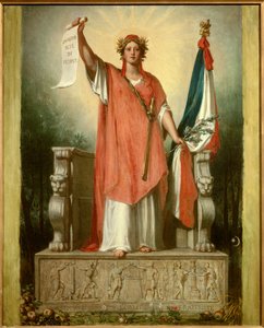 Republiken. Personifiering av republiken (Marianne) med ett pergament på vilket det står skrivet "folkets suveränitet"" och den trefärgade flaggan. Målning av Sebastien Cornu (1804-1870) av Sebastien Melchior Cornu