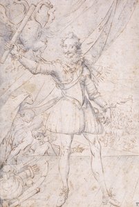 Kung Henrik IV, fullängd, en trofé av de osmanska armarna vid hans fötter, höjer en rulla framför en örn (svart krita, penna och brunt bläck med blått tvätt) av Second School of Fountainebleau