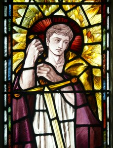 Mortehoe, St Mary, Heaton Butler & Bayne, Selwyn Image, Ärkeängel St Michael detalj, ca 1890 av Selwyn Image Selwyn Image