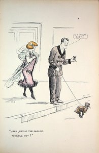 Par som väntar på att en hund ska avsluta sin verksamhet, ca 1921 (färg litho) av Sem