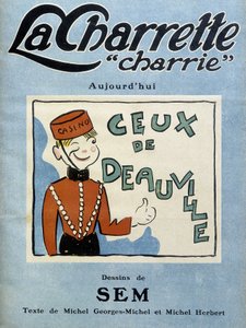 Deauville casino dealer, illustration av Sem för omslaget till månadstidningen "" La charrette charrie""" (1922). av Sem