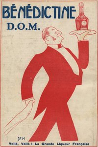 Reklam för matsmältningssystemet (likör) "" Benedictine"" (D.O.M.) En kaffepojke bär en flaska på en bricka. Teckning av Sem (1873-1932). 1911.