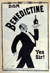 Reklam för matsmältningssystemet "" Benedictine"" En kaffepojke bär en flaska på en bricka. Teckning av Sem (1873-1932). 1910 av Sem