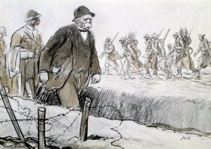 Första världskriget: Porträtt av Clemenceau (1841-1929) i ett hölje som besöker fronten. Teckning av Georges Goursat dit Sem (1863-1934) av Sem