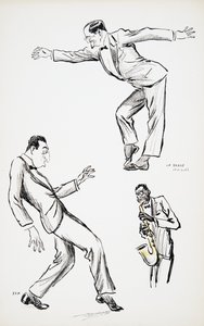 Två herrar i svart slips framför La Danse Havas till saxofon, från White Bottoms, pub. 1927 (färgblocktryck), från White Bottoms, pub. 1927 (färgblocktryck) av Sem