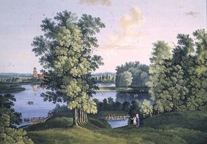 Utsikt över ön från den stora sjön i parken vid Tsarskoye Selo