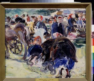 En mässa (A Fair). Provinsiell marknadsplats med bondkvinnor och handlare. Målning av Semyon Gavrilovich Nikiforov (1877-1912), olja på duk av Semen Gavriilovich Nikiforov