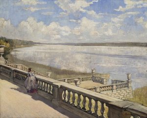 Solig dag. En dam vid balustraden, 1908 av Sergei Arsenevich Vinogradov