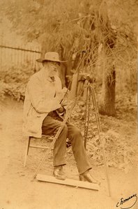 Porträtt av poeten Yakov Petrovich Polonsky (Iakov Petrovitch Polonski) (1819-1898) vid staffliet. Albuminfoto av Sergei Dmitrievich Botkin (1869-1945) av Sergei Dmitrievich Botkin