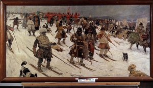 rysk militär kampanj på 1500-talet; (Ryssens militära kampanj på 1500-talet). Ryska krigare på skidor som avancerar genom snön. Målning av Sergei Vasilyevich Ivanov (1864-1910), olja på duk