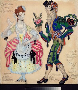 Förberedande kostymer för teaterpjäsen ""Le mariage de Figaro"" av Pierre Augustin Caron de Beaumarchais (1732-1799) (Dräktdesign för teaterpjäsen Figaros bröllop av Beaumarchais) - Verk av Sergei Yurievich Sudeykin (Serge Soudeiki)