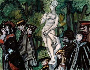 I sommarträdgården. (Familjer i sitt söndagsbästa på promenad runt en staty i Sankt Petersburg). Verk av Sergei Yurievich Sudeykin (Serge Soudeikine) (1882-1946), penna, gouache och bläck på papper. rysk konst av Sergei Yurevich Sudeikin