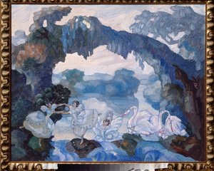 Förberedande dekor för baletten ""Le Lac des Cygnes"" av Piotr Tchaikovsky (1840-1893) (Scenografi för baletten Svansjön av Tchaikovsky) - Verk av Sergei Sudeykin (Serge Soudeikine) (1882-1946), olja på kartong