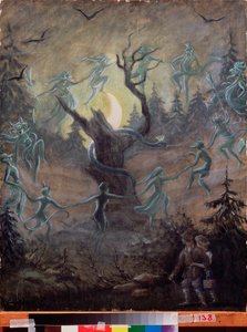 Night on the Eve of Ivan Kupala (rysk folkloremotsvarighet till Johannesdagen, mitt i sommaren) - Målning av Sergei Yurievich Sudeykin (Serge Soudeikine) (1882-1946), tempera på trä, rysk konst, f.