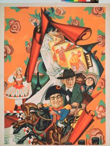 Projekt för en affisch för Nikita Balievs (Balieff) teatertrupp (1877-1936) ""La Chauve Souris"" (fladdermus) - Baliev är representerad i förgrunden, ridande på en häst (Design av en teateraffisch ) - Konstverk av Sergei Yurievich Sudeykin (Serg