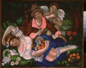 Allegorisk scen. (Ett par älskare, omgivna av ett par duvor och Amor som spelar musik). Målning av Sergei Yurievich Sudeykin (Serge Soudeikine) (1882-1946), olja på duk, cirka 1910. Rysk konst, 1900-talet, jugend, modernism.