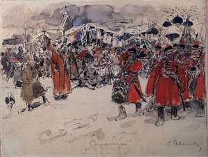 Troop of Streltsy (eller Strelets), ett ryskt militärt organ som funnits från 1500- till 1700-talet (The Streltsy). Verk av Sergei Vasilyevich Ivanov (1864-1910), akvarell på papper, rysk konst, sent 1800- och början av 1900-talet. State United Art Museum,