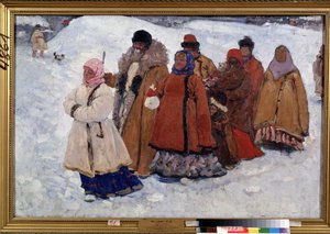 En familj. En rysk familj som går i rockar i snön. Målning av Sergei Vasilyevich Ivanov (1864-1910), olja på duk
