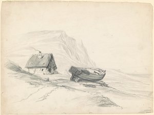 Hus och båt vid stranden