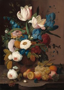 Stilleben, blommor och frukt