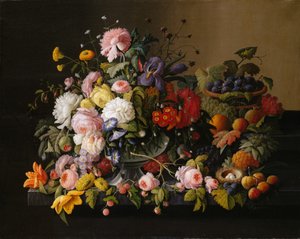 Stilleben: blommor och frukt