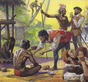 Magellans män möter vänligt sinnade infödingar på Filippinerna och byter till sig mat av Severino Baraldi