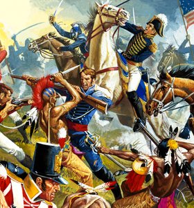 Amerikanska indianer vs amerikanska soldater (gouache på papper) av Severino Baraldi
