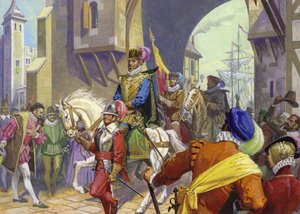 Sir Francis Drake anländer till Plymouth (gouache på papper) av Severino Baraldi