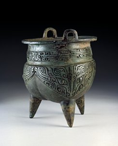 Li-kärl, bärande taotie-design, Erligangperiod, Shangdynastin, ca 1500-1050 f.Kr. (brons)