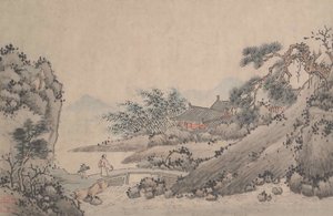 Landskap med man som korsar bron. av Shen Zhou