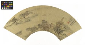 Landskap med pagod, hus och båtar, 1625 bläck och färger på guldpapper av Sheng Maoye