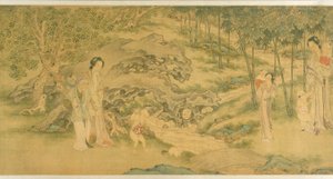 Kvinnor och barn i en trädgård (bläck & färg på siden) av Shi Wang
