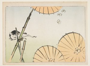 Bambu, paraplyer, en katt och fjärilar av Shibata Zeshin
