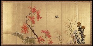 Höst [vänster del av ett par Fåglar och blommor på våren och hösten] av Shibata Zeshin