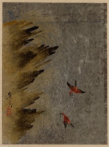 Fåglar och utskjutande stenar. av Shibata Zeshin