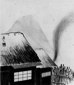 Stuga och berg, 1800-talet. av Shibata Zeshin