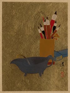 Vattenkokare och låda med penslar, 1882. av Shibata Zeshin